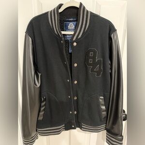 American Rag Black Varsity Jacket with Faux Leather Sleeves and '84 Patch